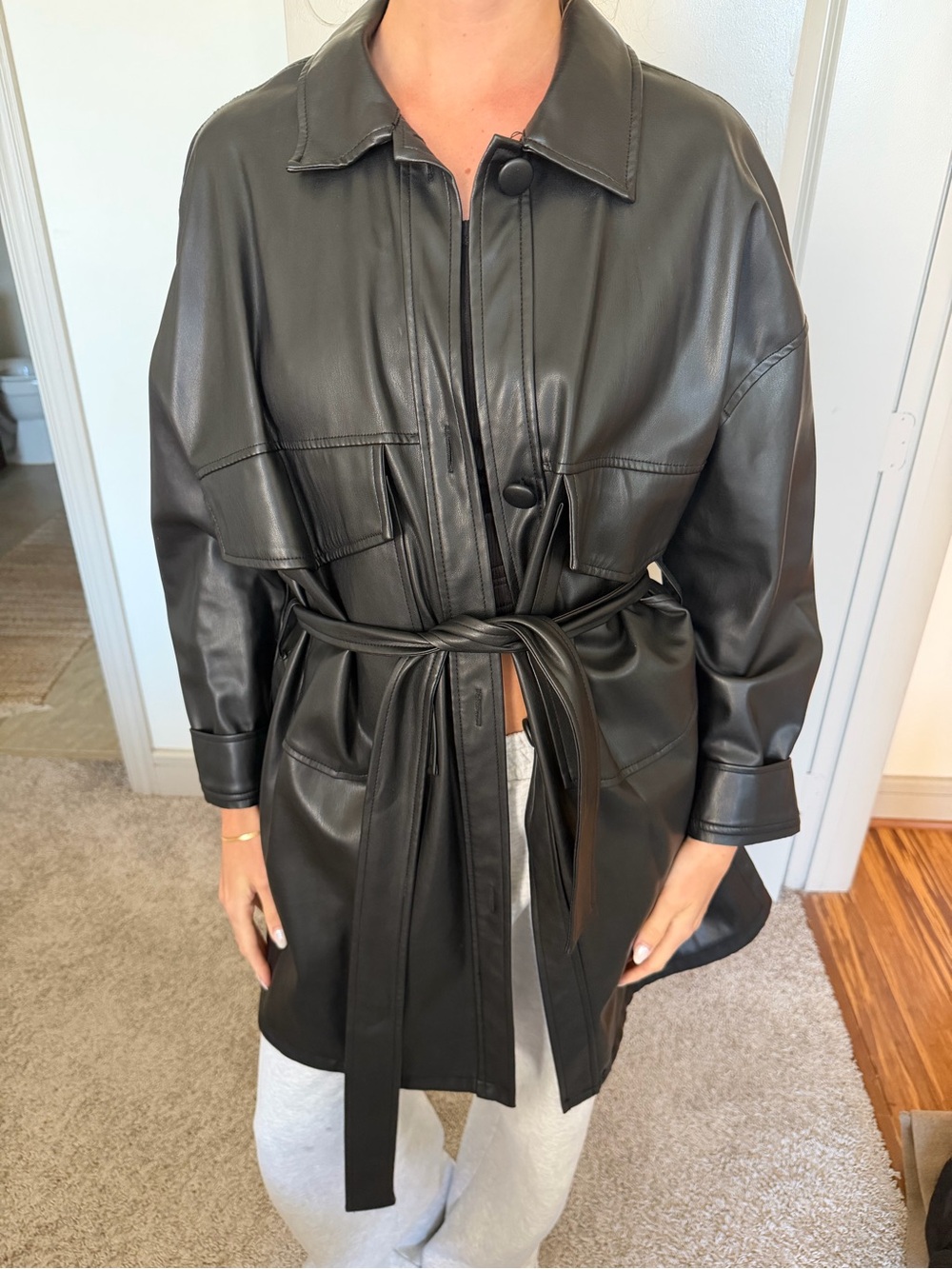 Zara Black Faux Leather Belted Trench Jacket